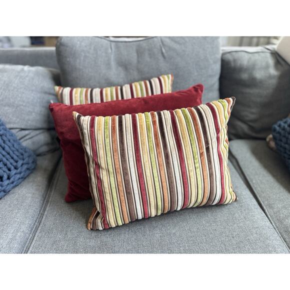 Set Of 3 Pier 1 Import Velvet Striped Decorative Feather Lumbar Pillows Retro - Picture 1 of 7